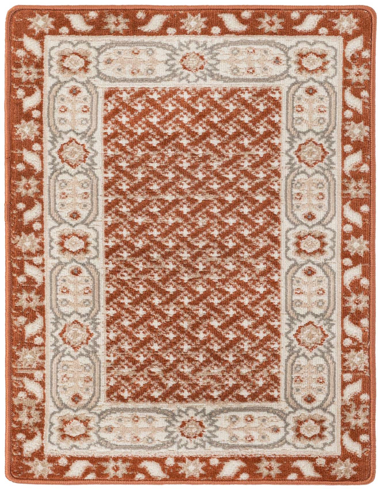 A 2x3 rectangular Rugs.com Charlotte rug featuring a modern pattern in shades of orange, red, and cream.