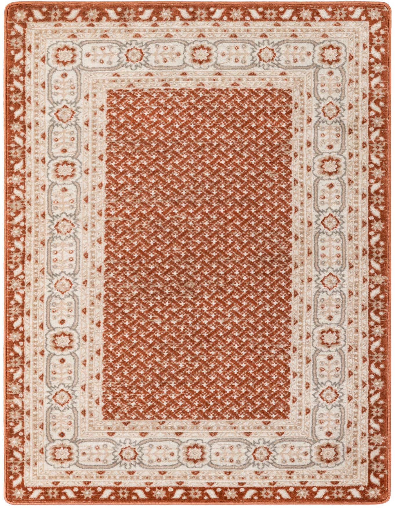 A 4x6 rectangular Charlotte collection rug featuring a modern pattern in shades of orange and red, with a medium pile.