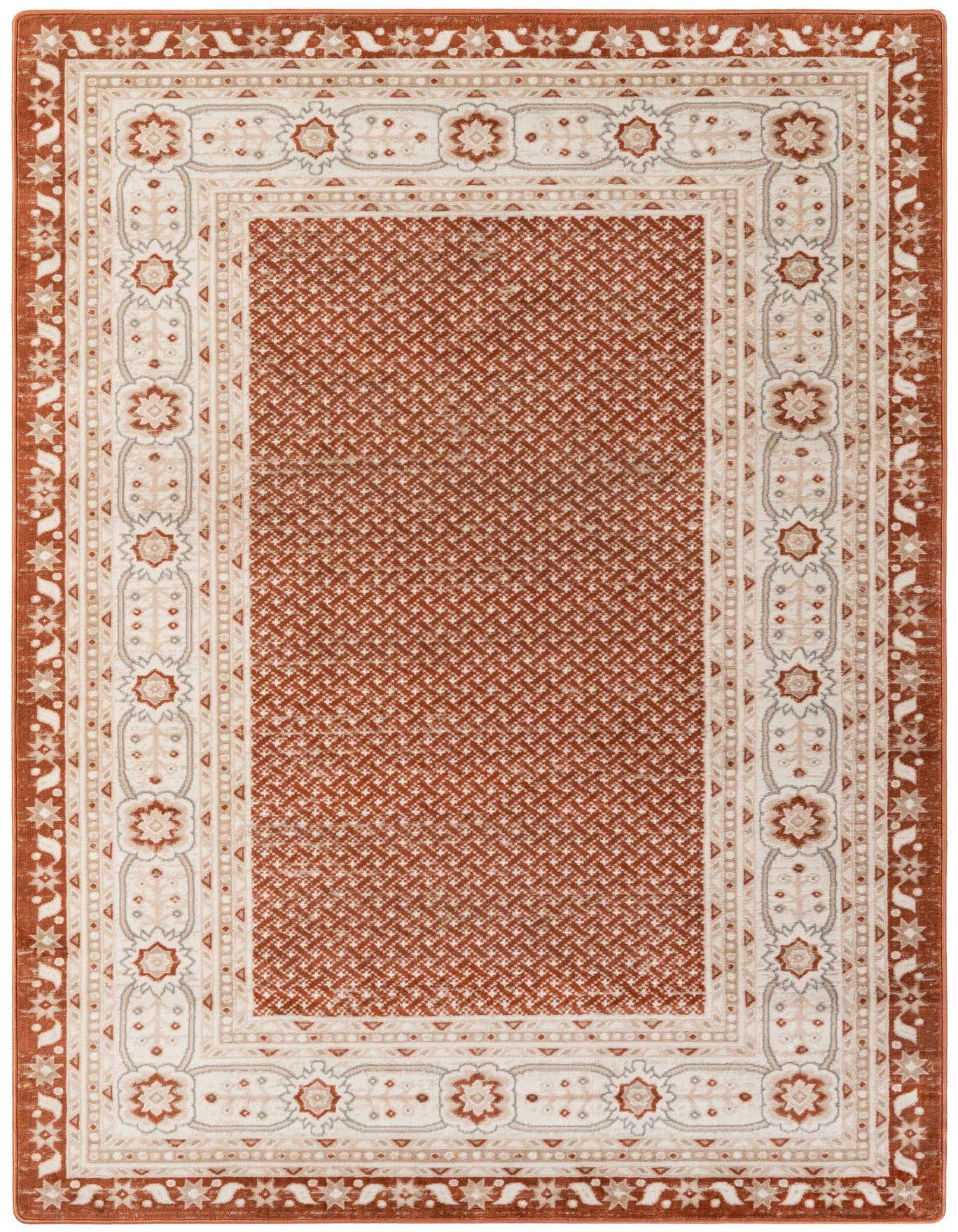 A 6x9 rectangular orange and red modern area rug with a detailed cream and grey border pattern.