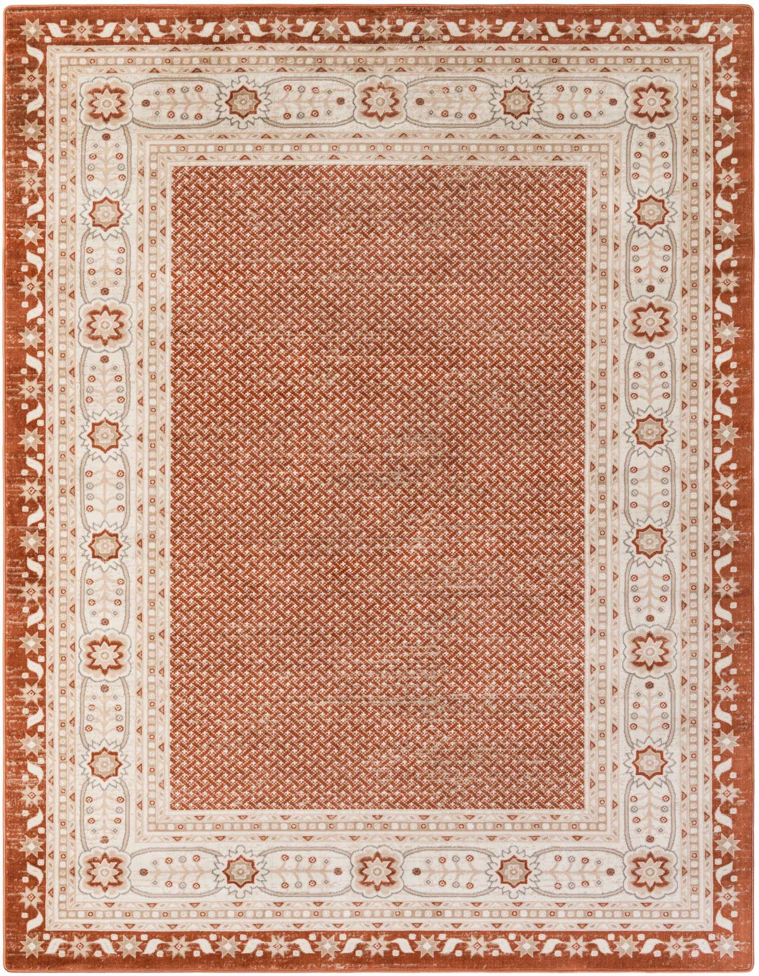 A 9x12 rectangular Charlotte Collection rug in shades of orange and red, featuring a modern pattern with a detailed border.