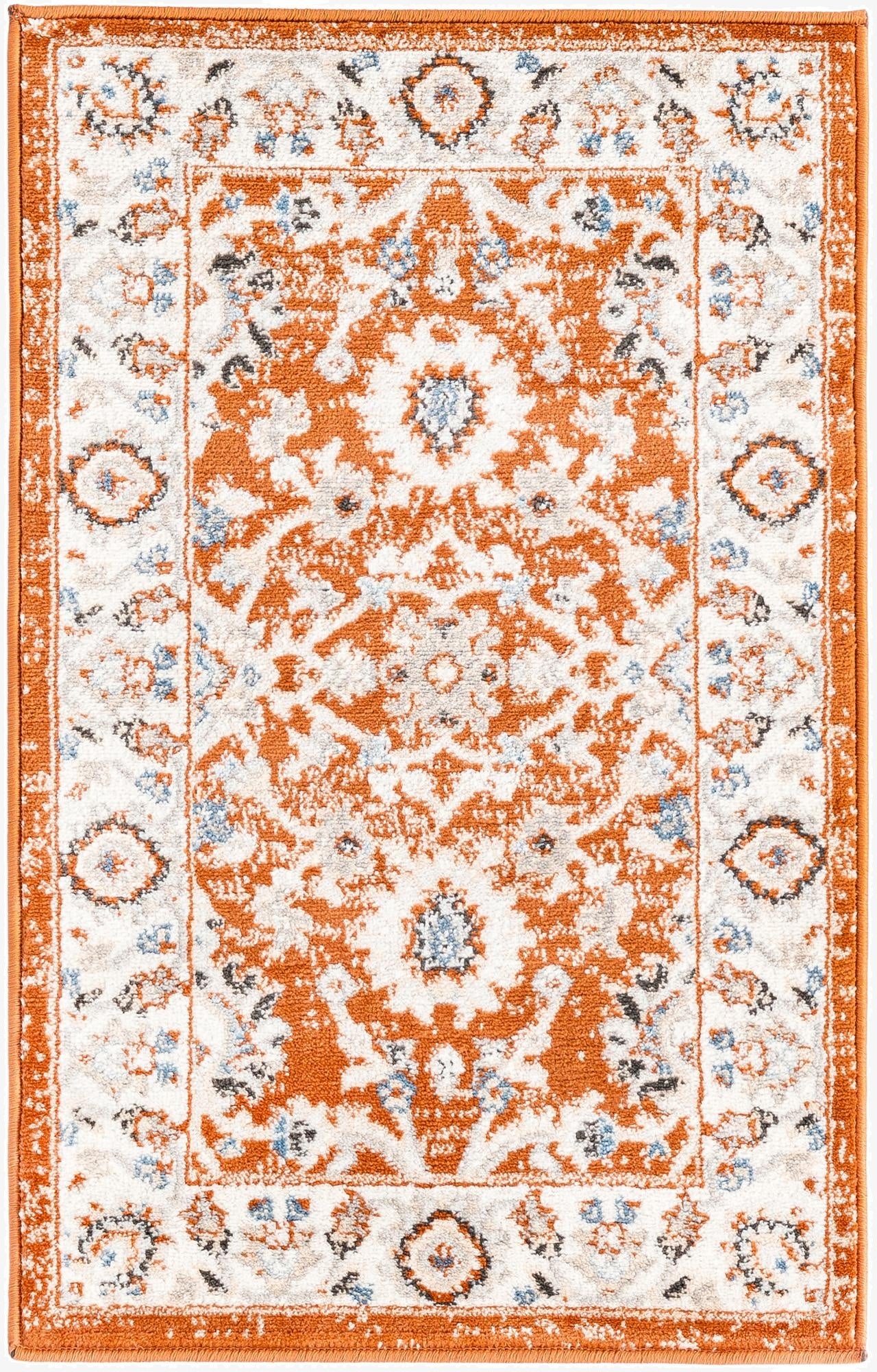 A 2x3 rectangular Charlotte rug by Rugs.com featuring a distressed traditional floral pattern in oranges, reds, and cream, with subtle blue and black accents.