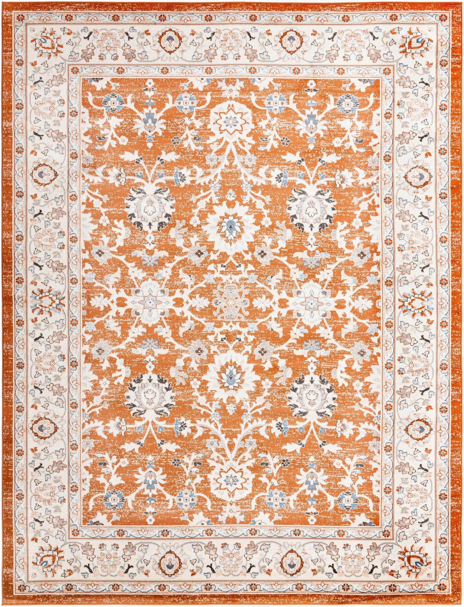A 9x12 rectangular Charlotte Collection rug with a distressed orange and red traditional floral pattern and a white border.