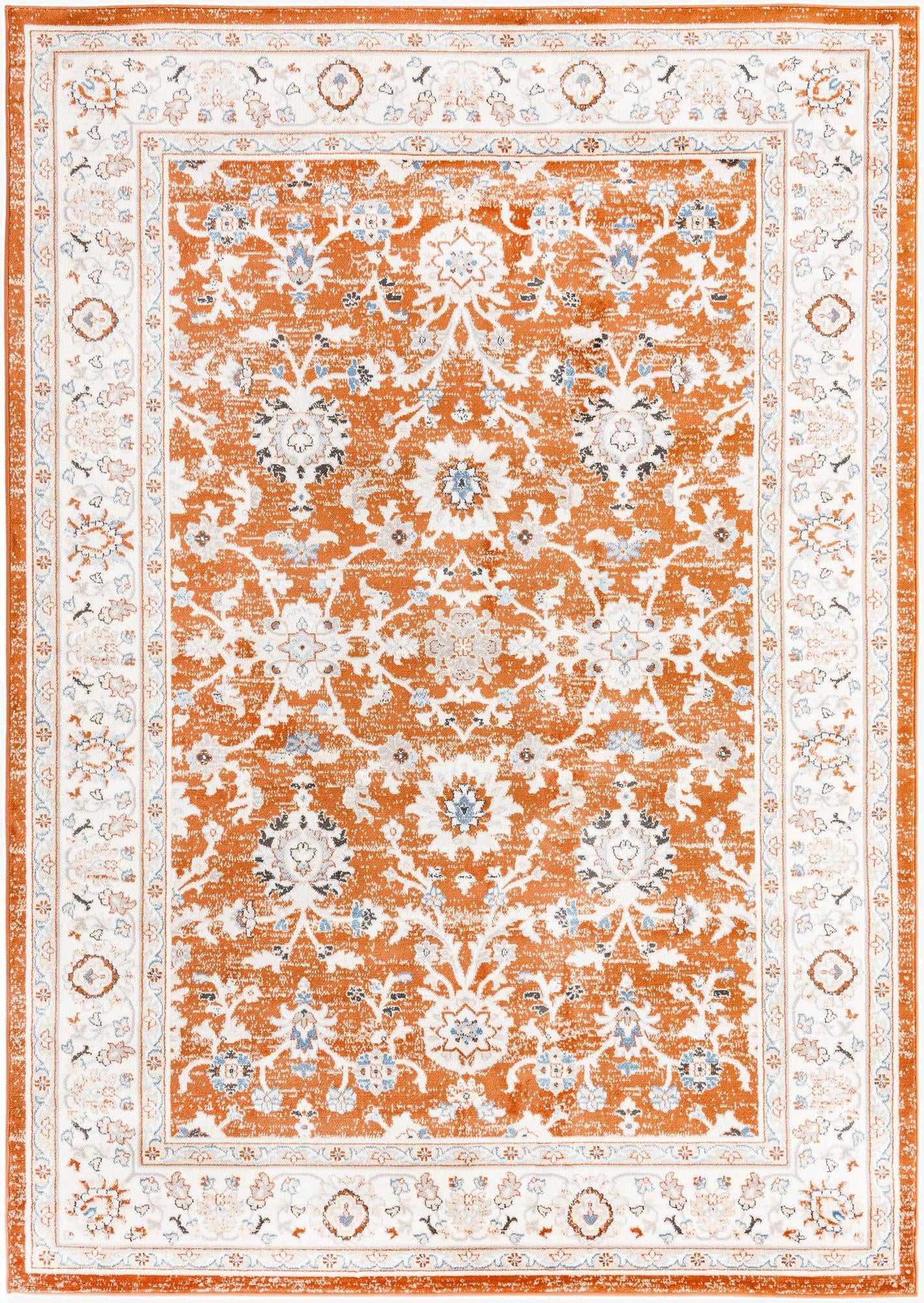 A 7x10 rectangular Charlotte rug in distressed orange and white with a traditional floral Oriental pattern.