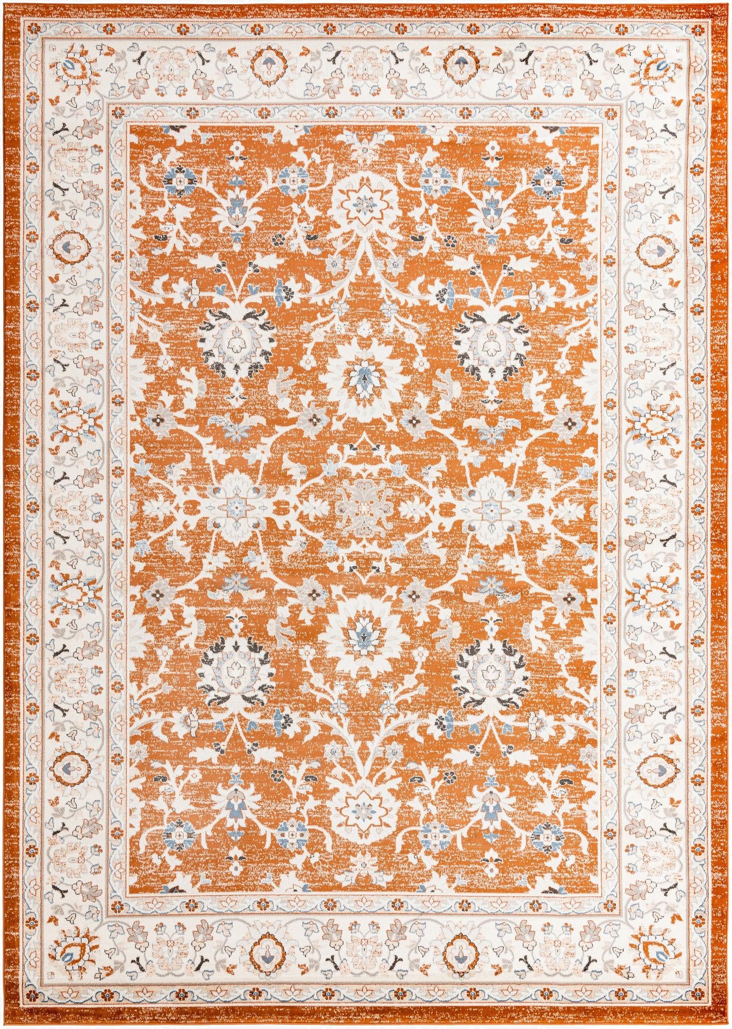 A 10x14 rectangular orange traditional rug with an intricate white, blue, and grey floral oriental pattern and a decorative border.