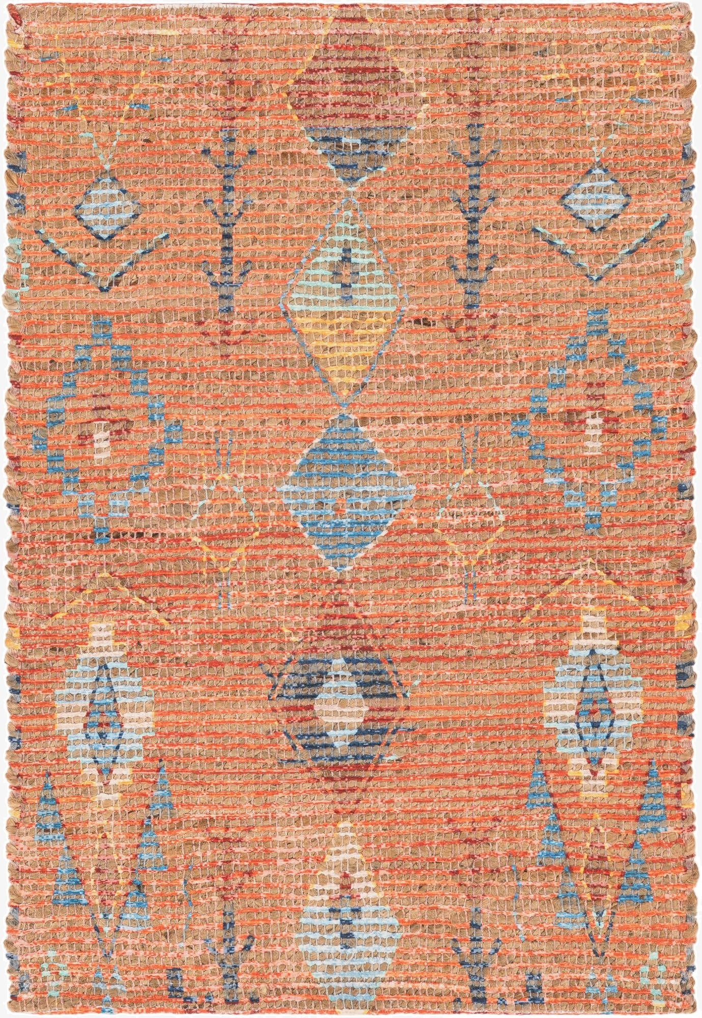 A 2x3 rectangular Rugs.com Chenille Jute rug featuring a vibrant orange and red tribal pattern with blue and yellow accents, showcasing its textured, handmade weave.