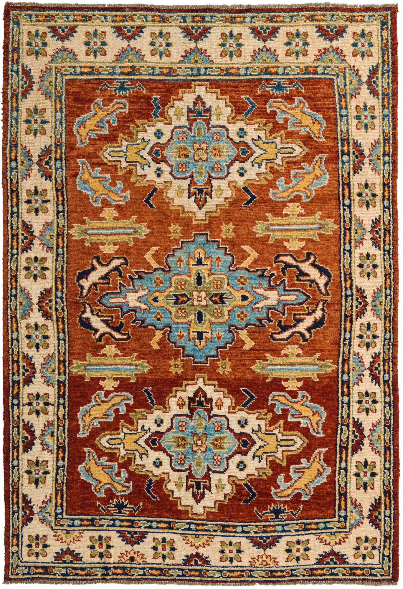 A 5x8 rectangular Darya rug with a traditional medallion pattern in oranges, reds, blues, and creams.