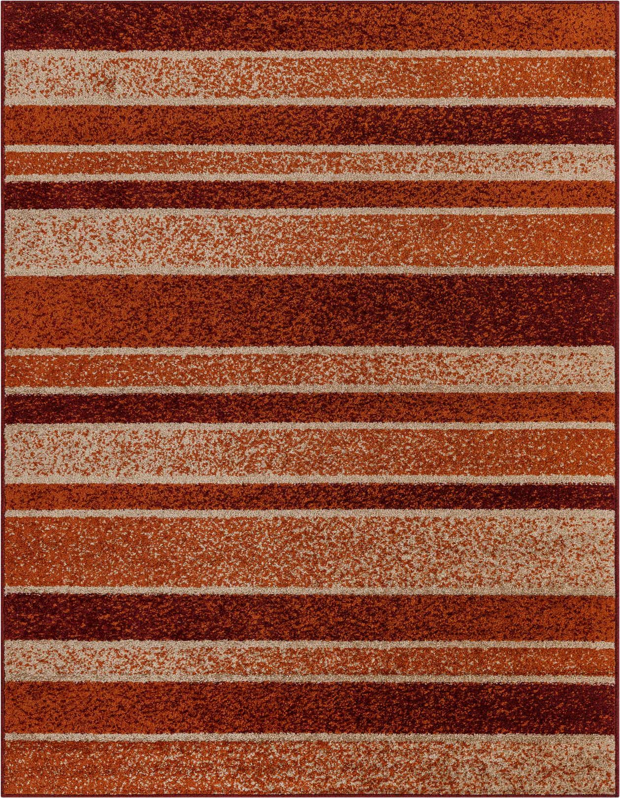 A 5x8 rectangular Equinox rug featuring modern stripes in varying shades of orange, red, and beige.