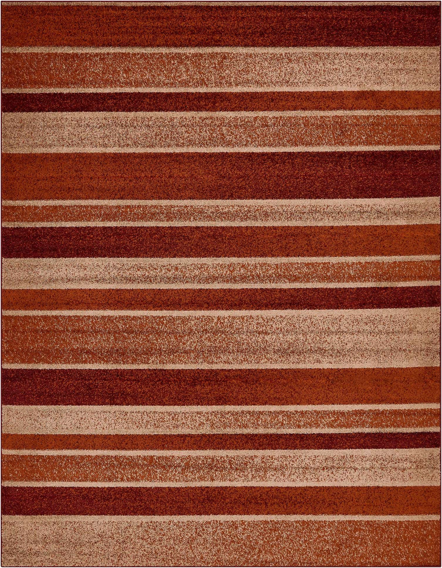 A 9x12 rectangular modern area rug with alternating stripes in shades of orange and red, ideal for a living room.