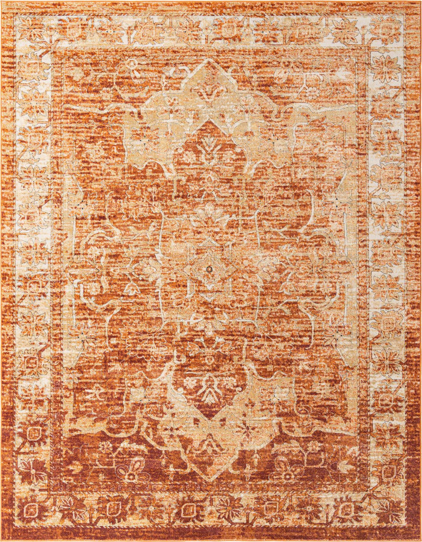 A 10x14 rectangular Isabella rug featuring a distressed traditional medallion pattern in shades of orange and red.