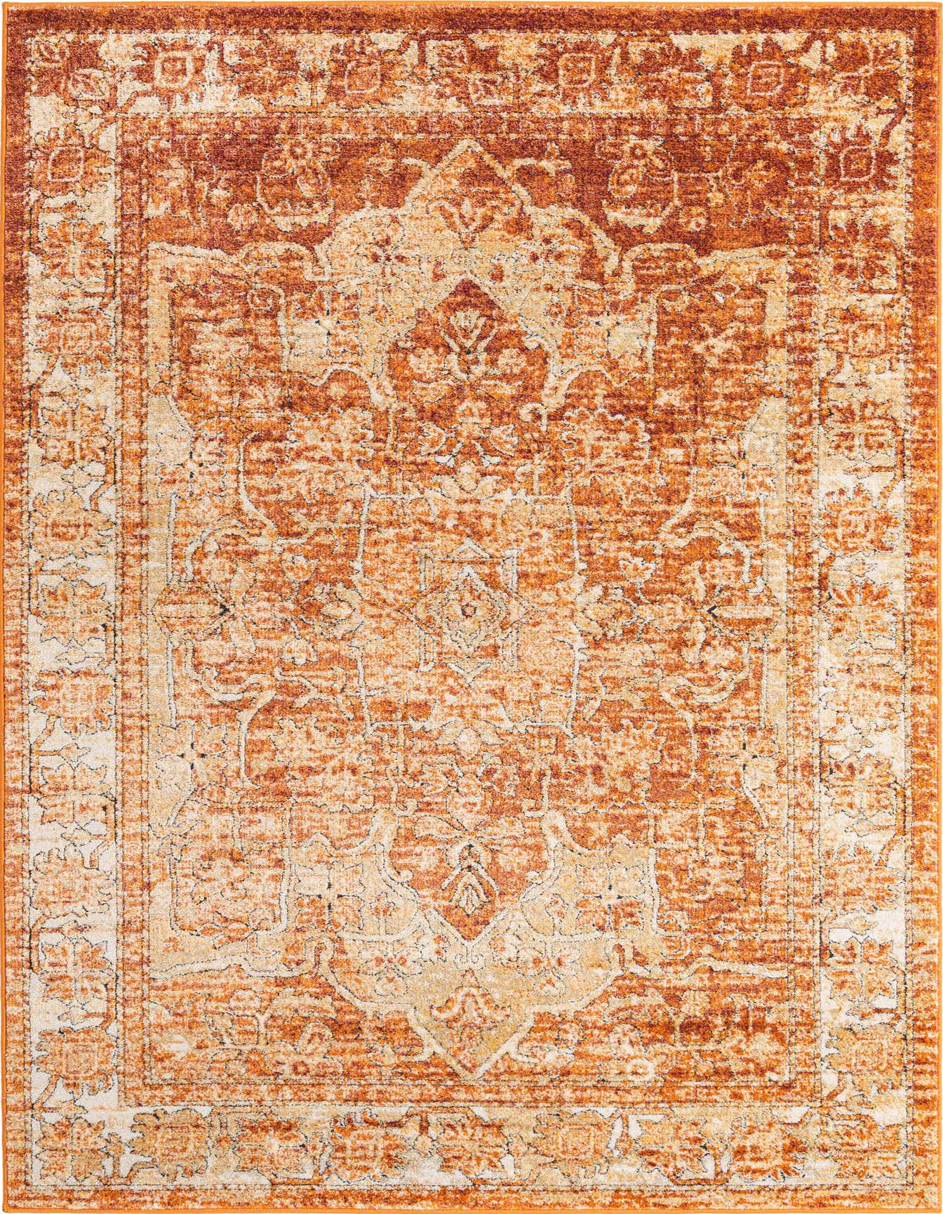 A 6x9 rectangular Isabella collection rug featuring a distressed traditional medallion pattern in shades of orange and red.