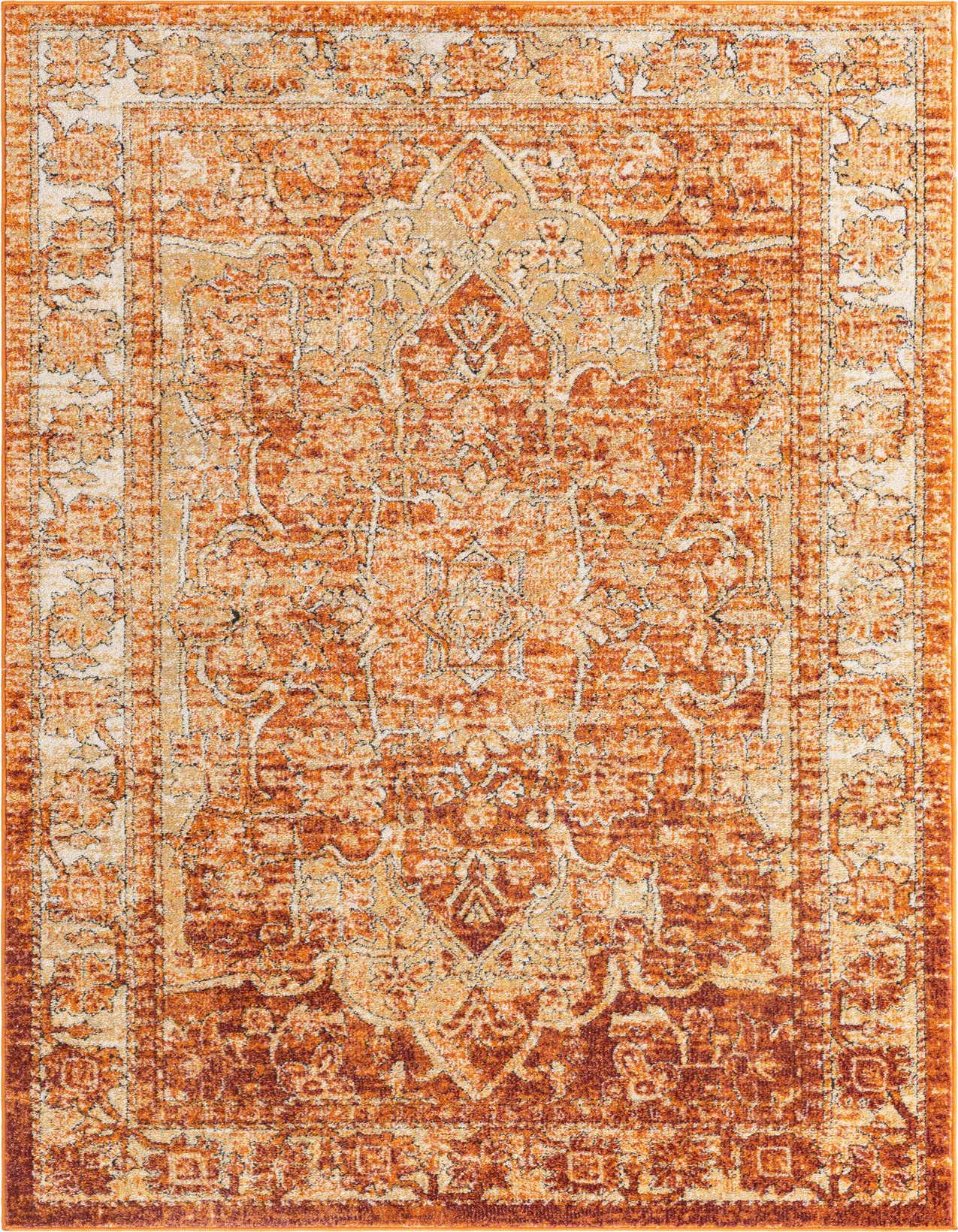 A 5x8 rectangular Isabella rug in distressed oranges and reds with a traditional medallion pattern, ideal for a living room.