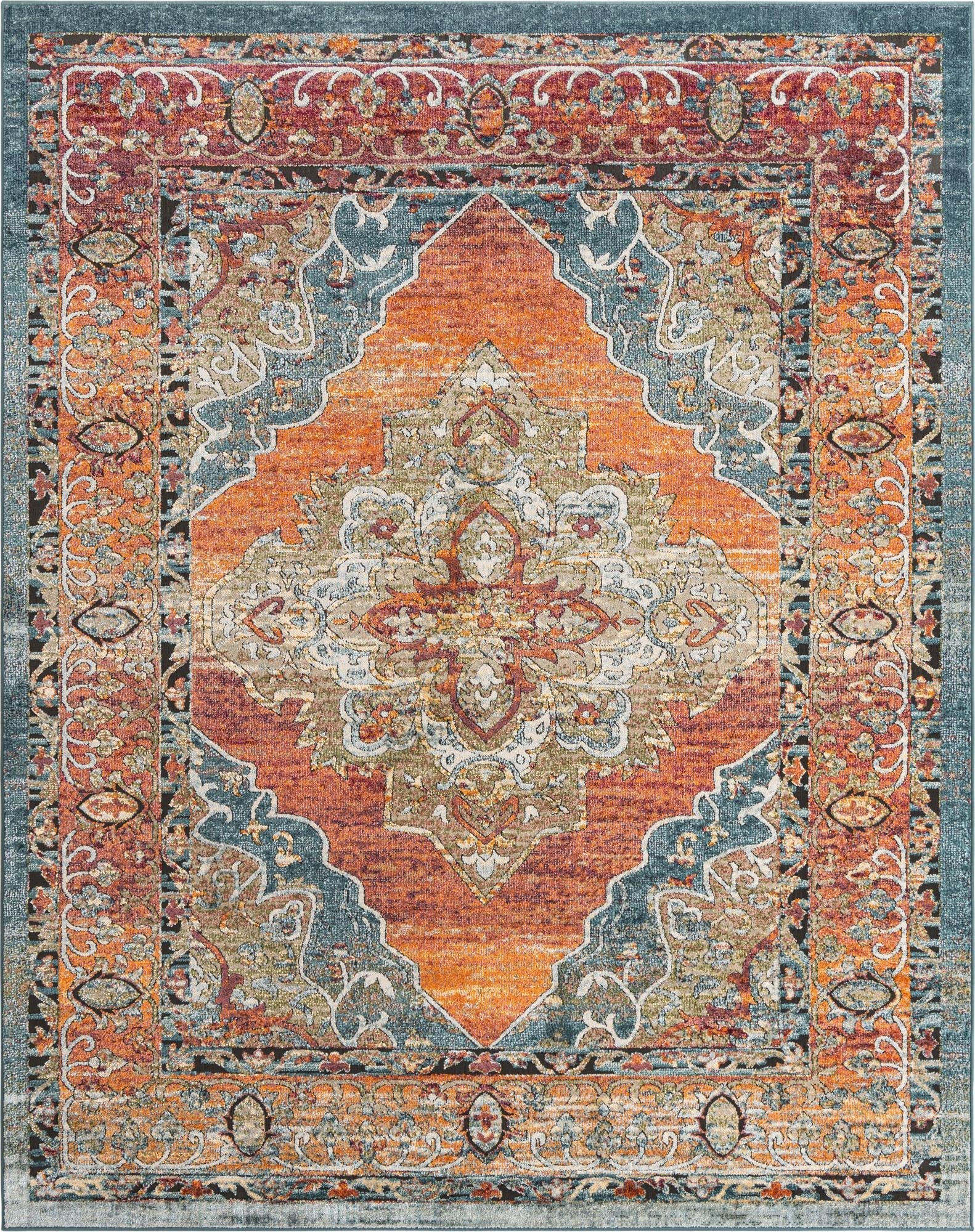A rectangular 8x10 Isabella rug featuring a distressed traditional medallion pattern in vibrant oranges, reds, and teal blue.