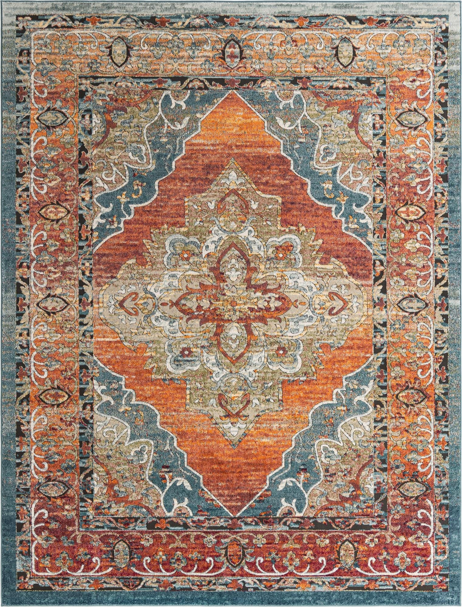 A 9x12 rectangular Isabella rug featuring a distressed traditional medallion pattern in vibrant oranges, reds, and teal.