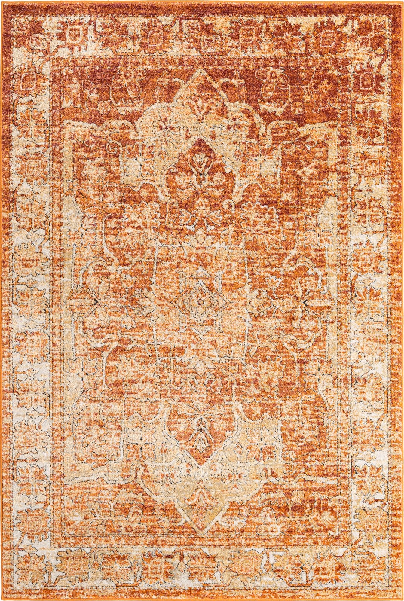 A 6x9 rectangular Isabella collection rug featuring a distressed traditional medallion pattern in shades of orange and red.