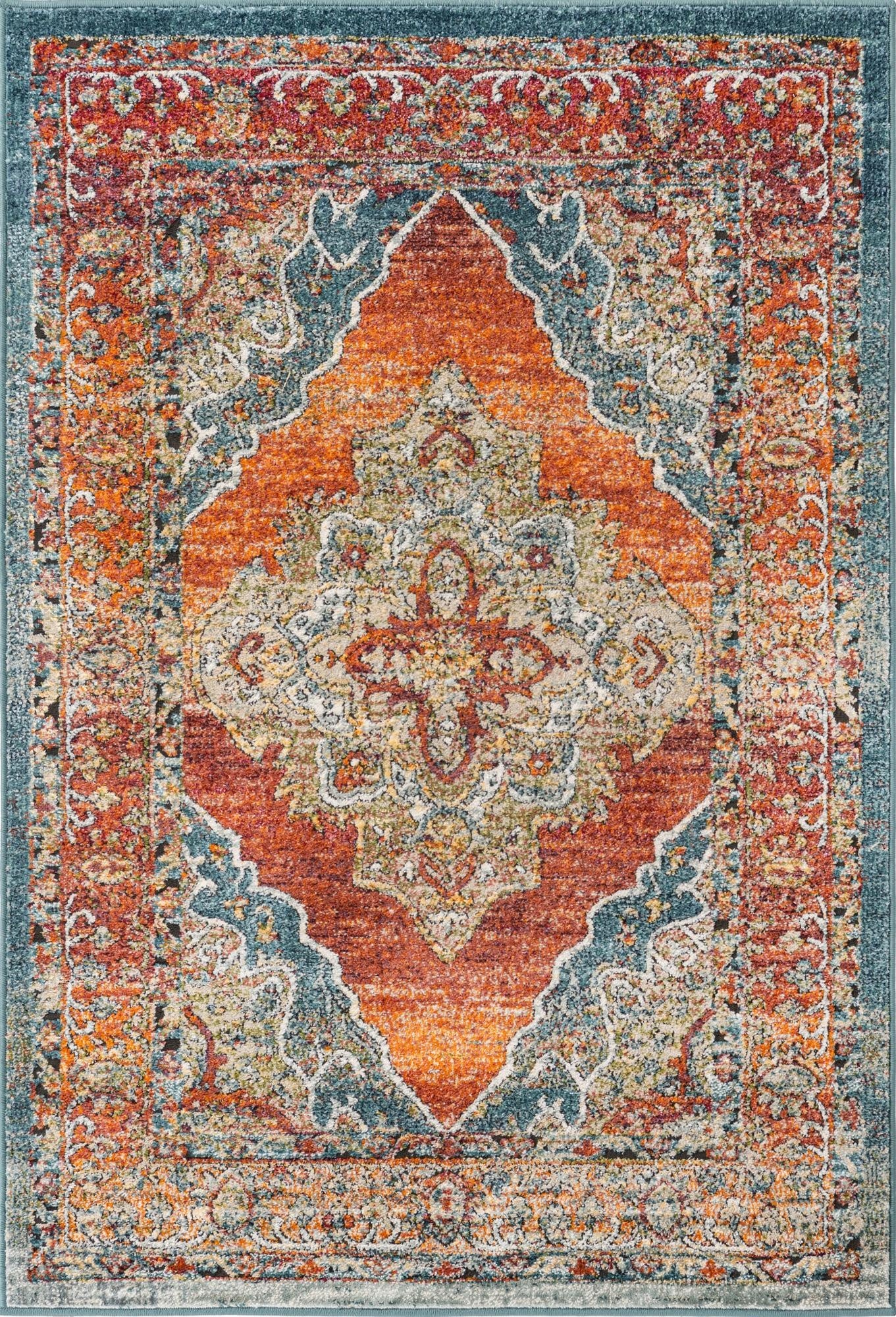 A 4x6 rectangular Rugs.com Isabella rug featuring a distressed traditional medallion pattern in vibrant oranges, reds, and teal.