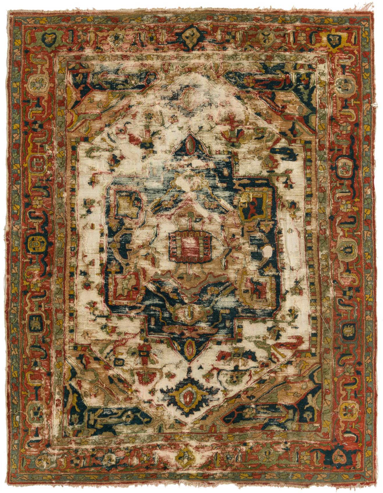 A 5x8 rectangular Jaipur Agra rug with a traditional Oriental pattern in faded oranges, reds, and blues on a cream background.