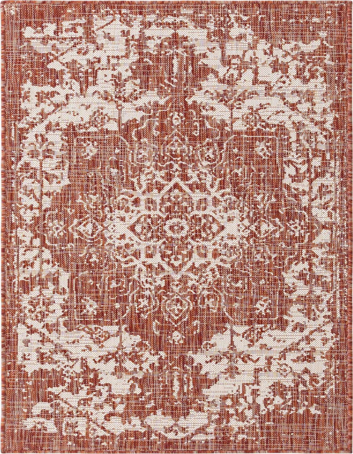 A 3x5 rectangular Jill Zarin Outdoor rug in distressed orange and cream, featuring a traditional medallion pattern.
