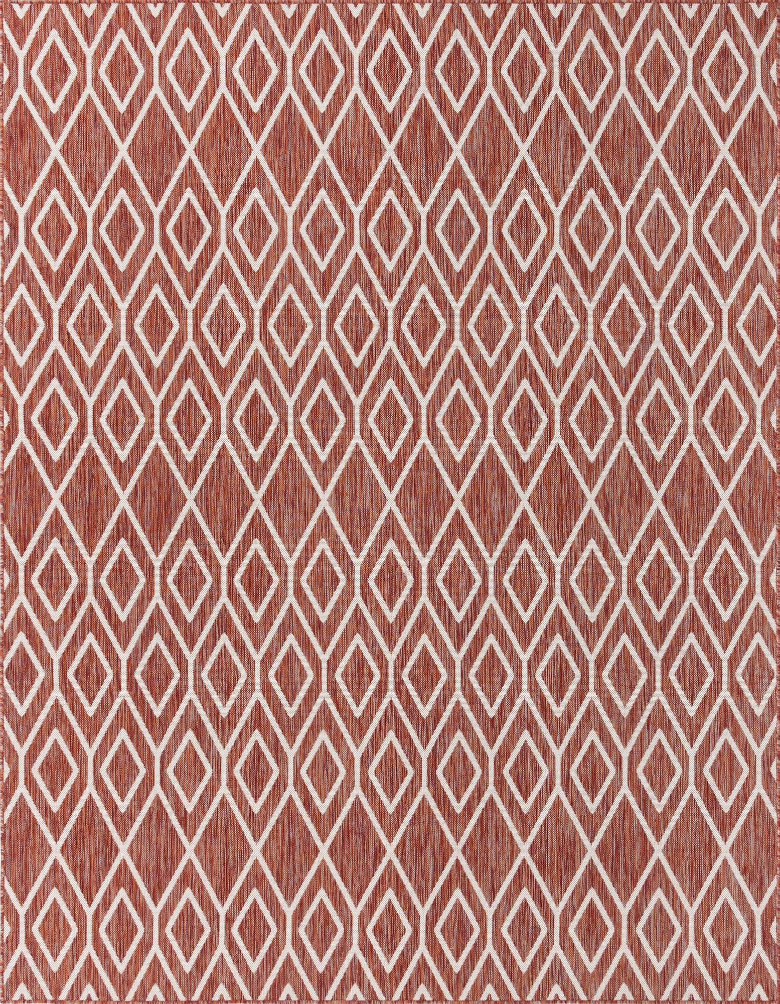 An 8x10 rectangular indoor/outdoor rug featuring a repeating white trellis diamond pattern on a textured orange-red background.