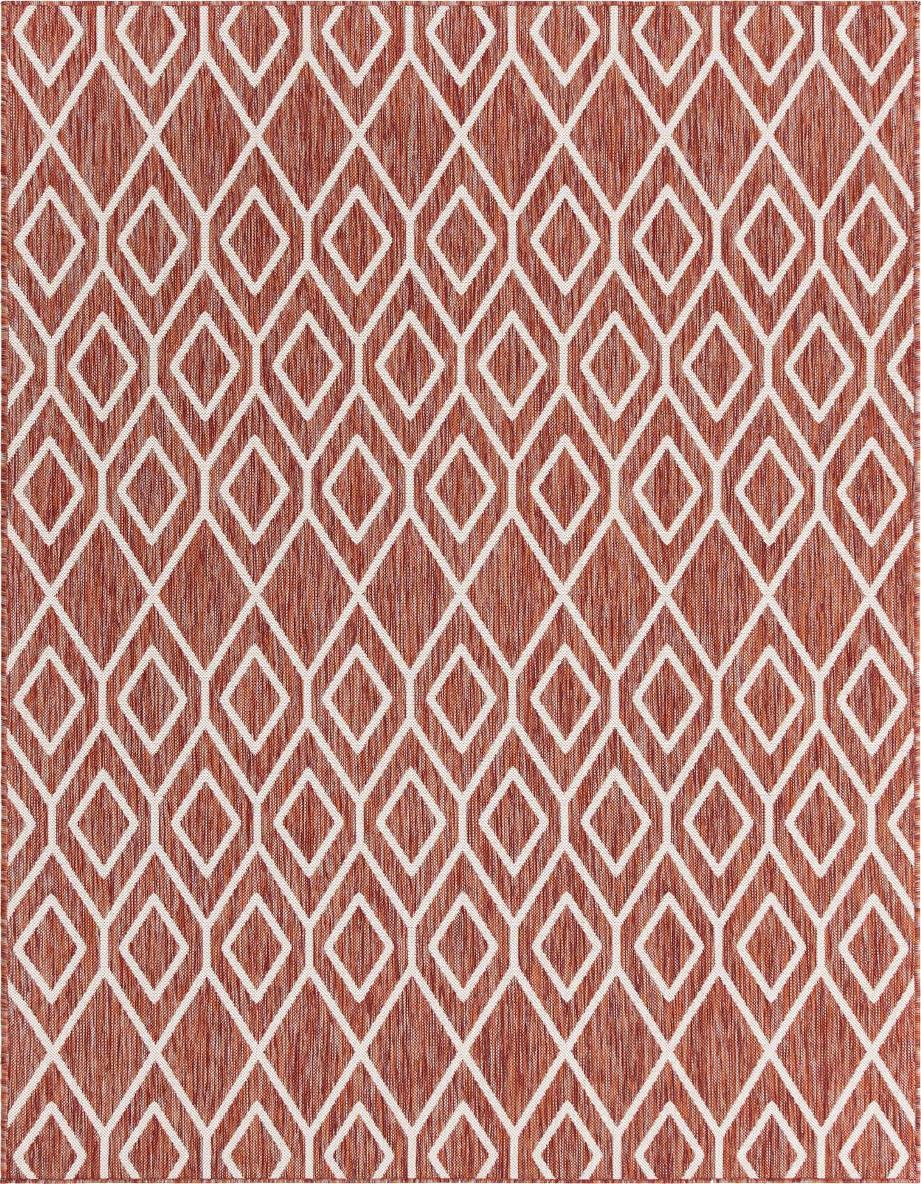 A 6x9 rectangular indoor/outdoor rug featuring a repeating white trellis diamond pattern on a textured burnt orange and red background.