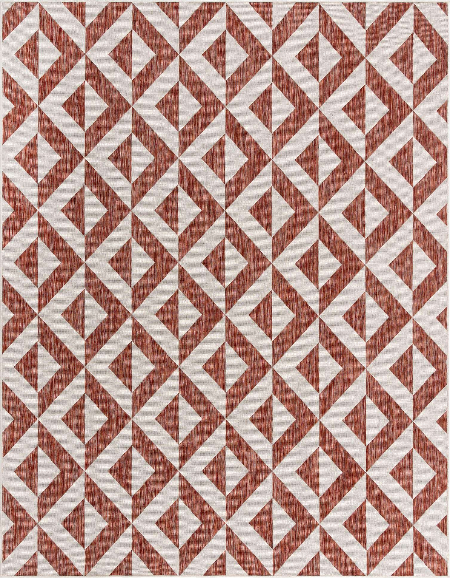 A 9x12 rectangular indoor/outdoor rug featuring a repeating geometric trellis pattern in shades of orange and red on a light background.