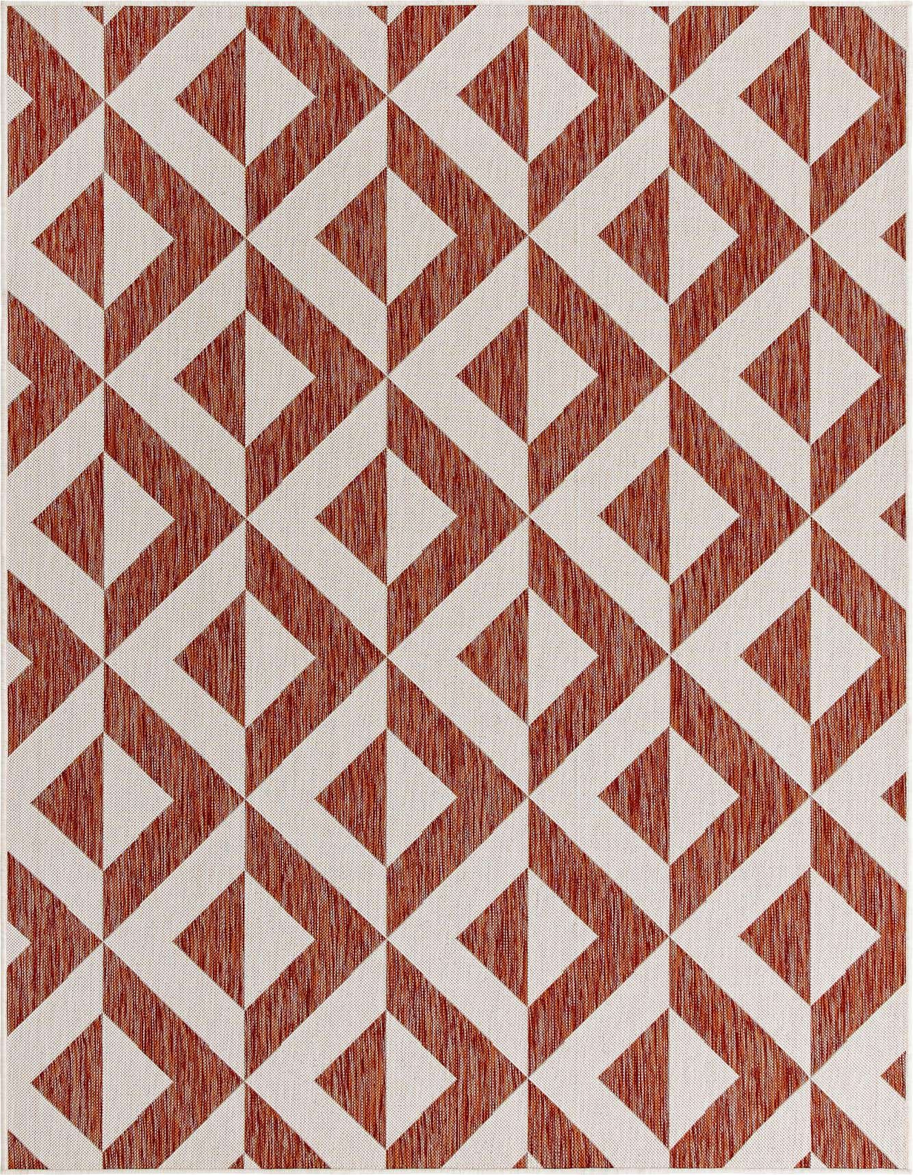 A 6x9 rectangular indoor/outdoor rug featuring a repeating geometric trellis pattern in textured orange-red and off-white.