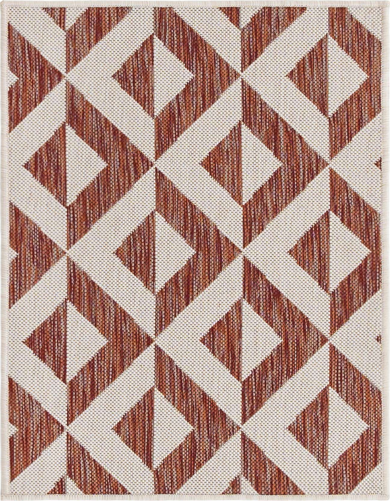 A 2x3 rectangular Jill Zarin Outdoor rug with a modern geometric trellis pattern in shades of orange and red.