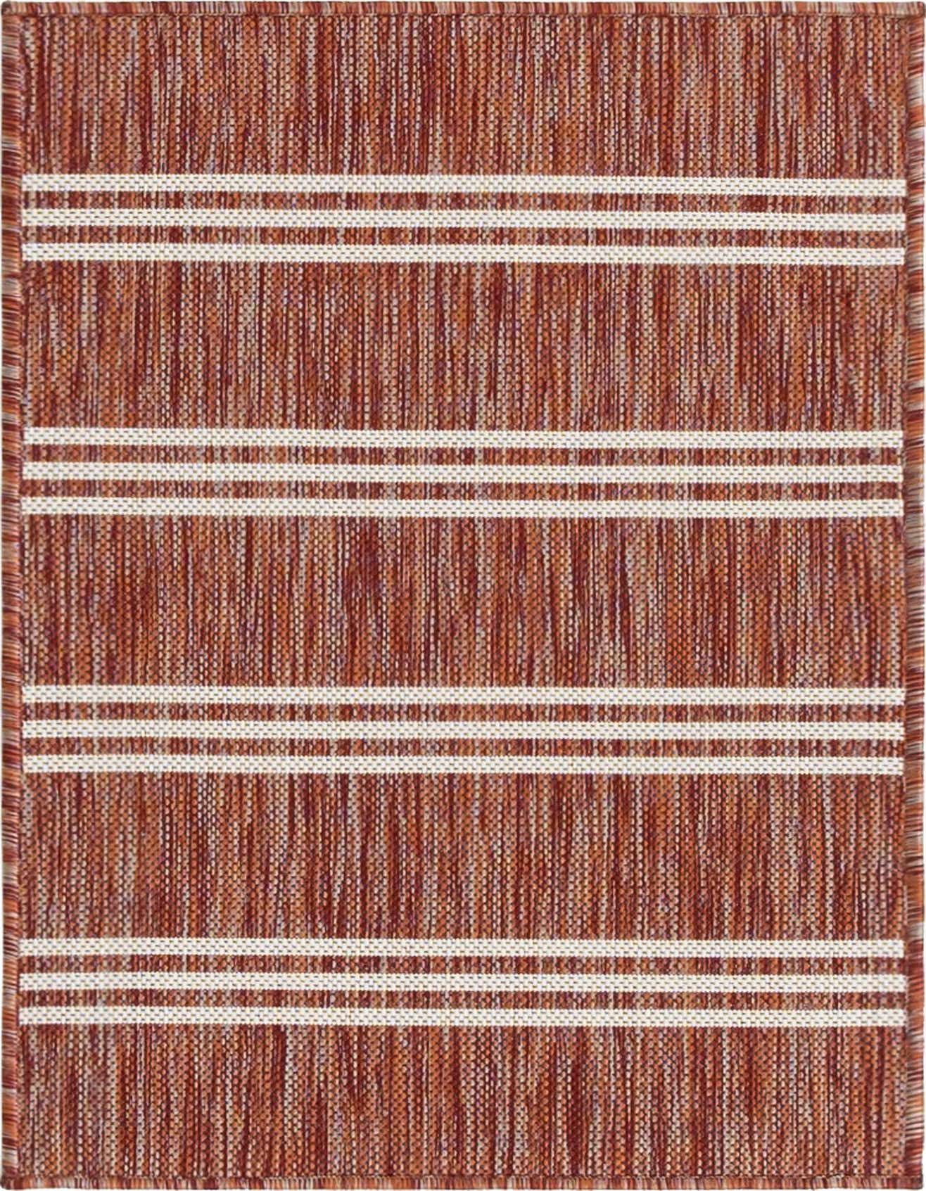 A 2x3 rectangular Jill Zarin Outdoor rug in shades of orange and red with white horizontal stripes, featuring a textured flatweave.