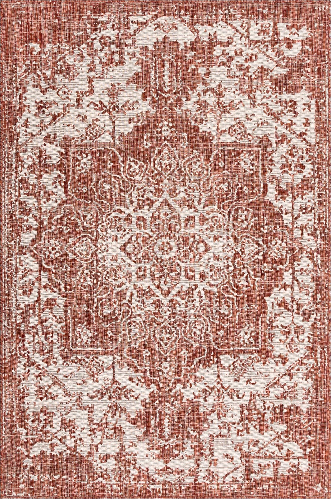 A 6x9 rectangular indoor/outdoor rug featuring a distressed orange and cream traditional medallion pattern, ideal for a living room or patio.