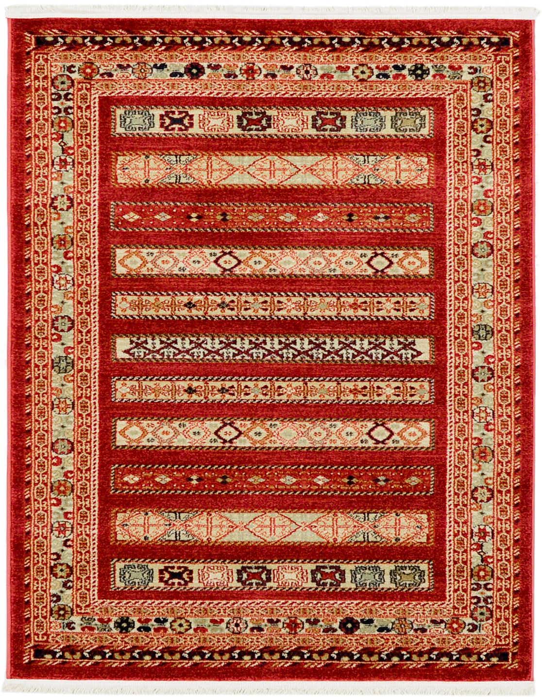 A 3x5 rectangular Kashkuli Gabbeh rug featuring bold red and orange stripes with intricate tribal patterns and a decorative border.