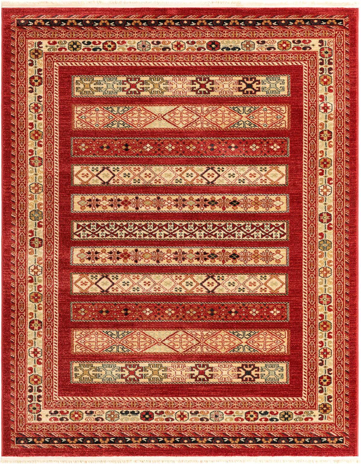 A 5x8 rectangular indoor rug featuring a vibrant red background with tribal-inspired stripes in orange, cream, and black.