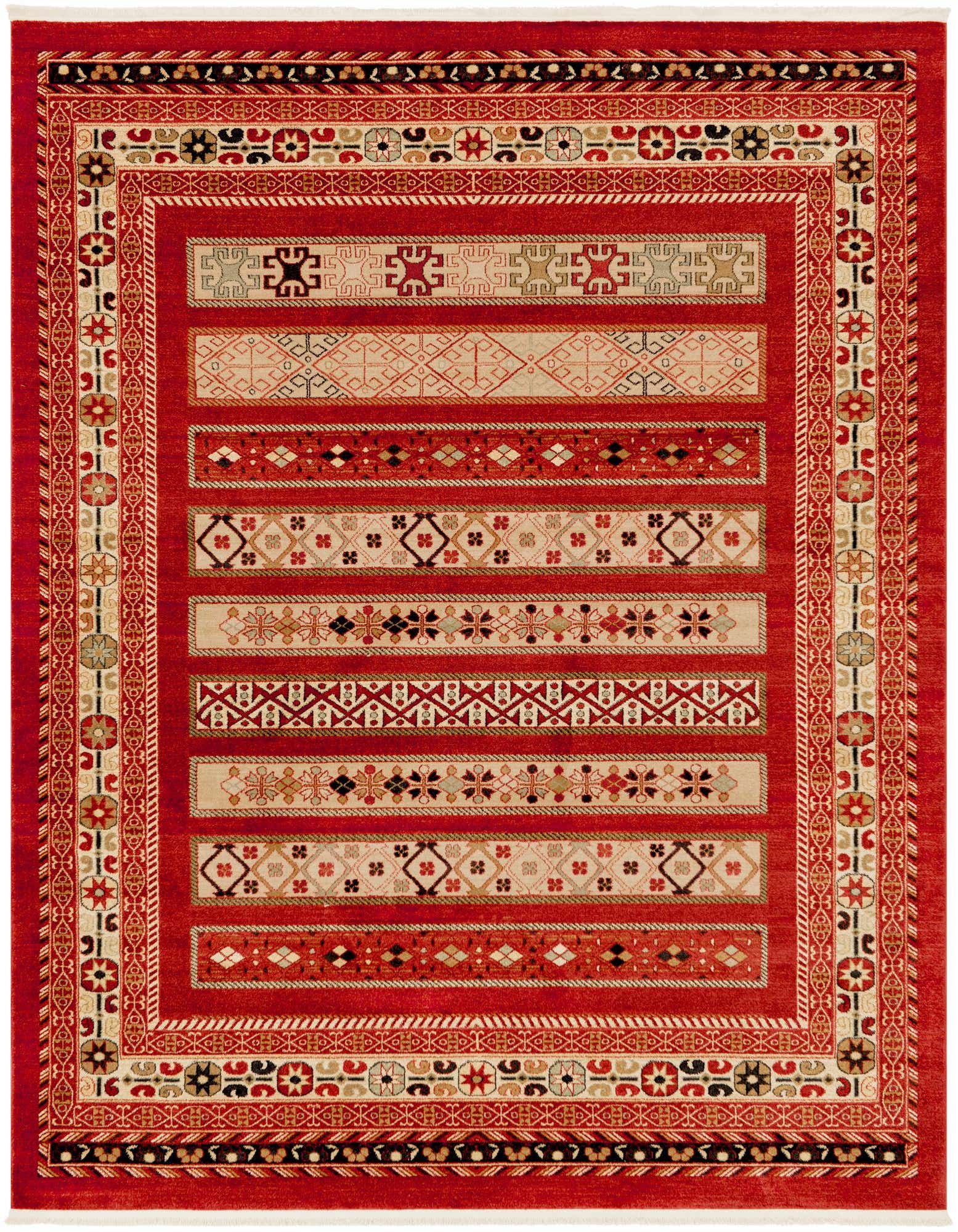 A vibrant 8x10 rectangular Kashkuli Gabbeh rug featuring a red field with tribal stripe patterns in orange, cream, and black.