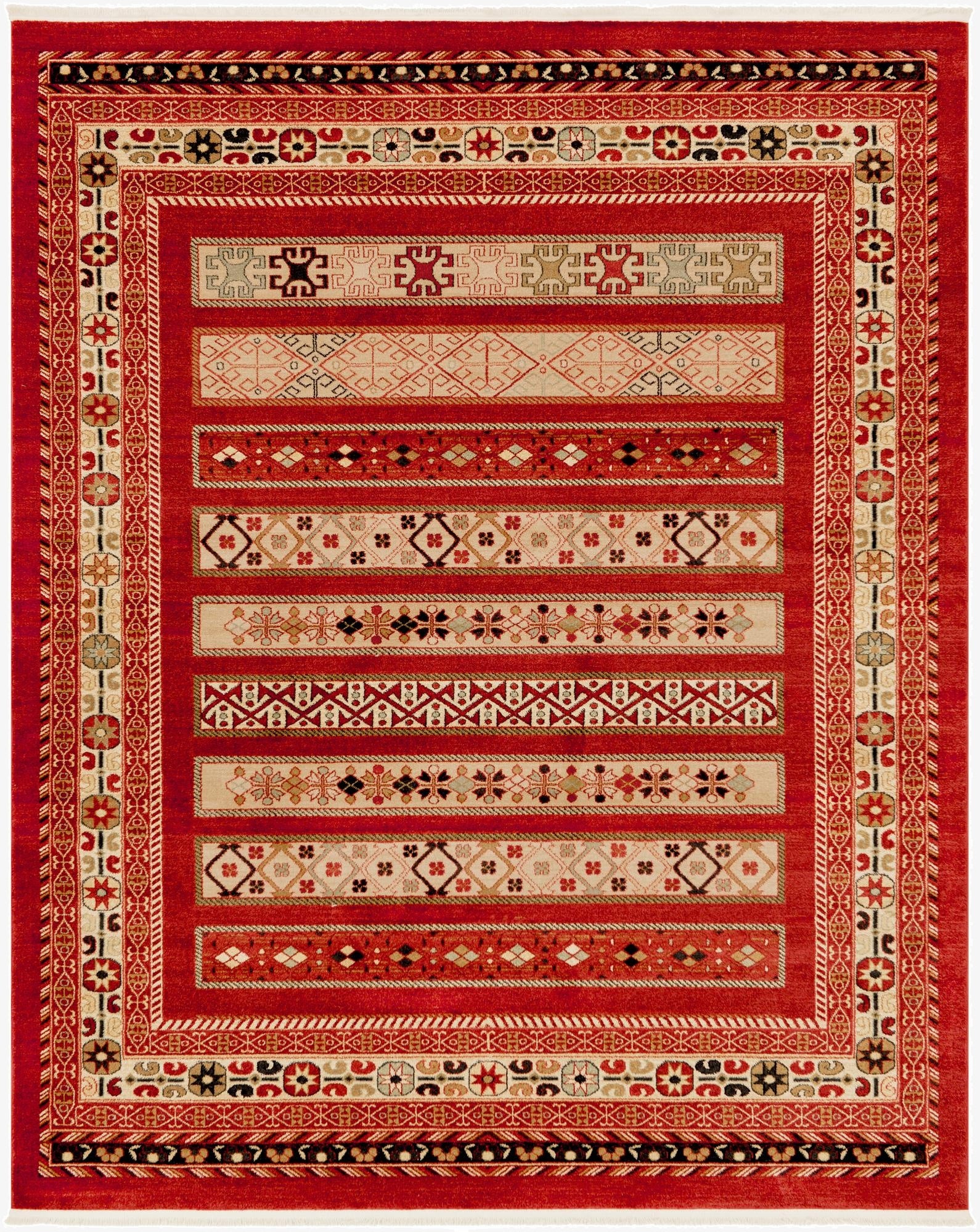 A vibrant 8x10 rectangular Kashkuli Gabbeh rug featuring a red field with tribal stripe patterns in orange, cream, and black.