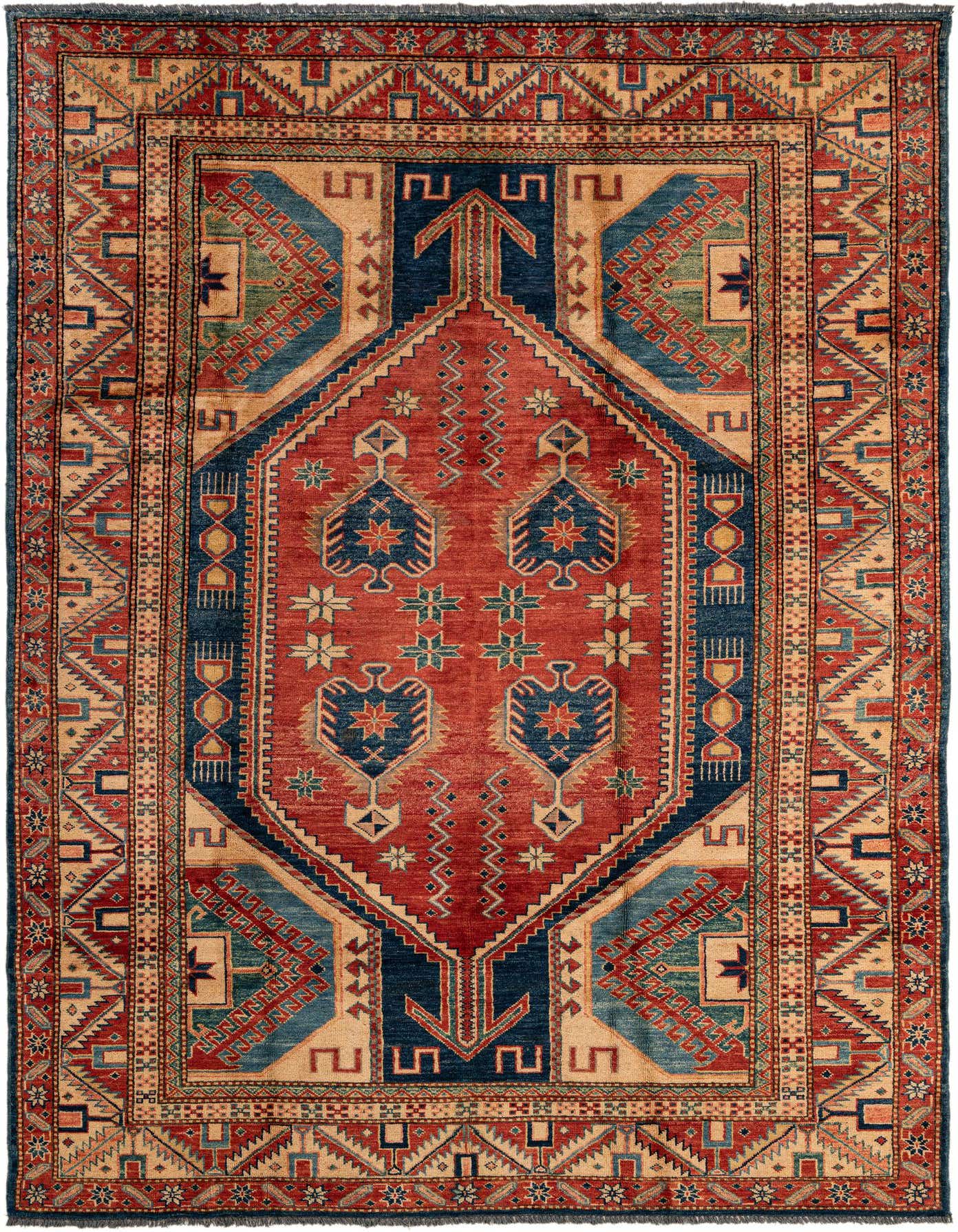 A 5x8 rectangular Kazak wool rug featuring a traditional medallion pattern in oranges, reds, and deep blues.