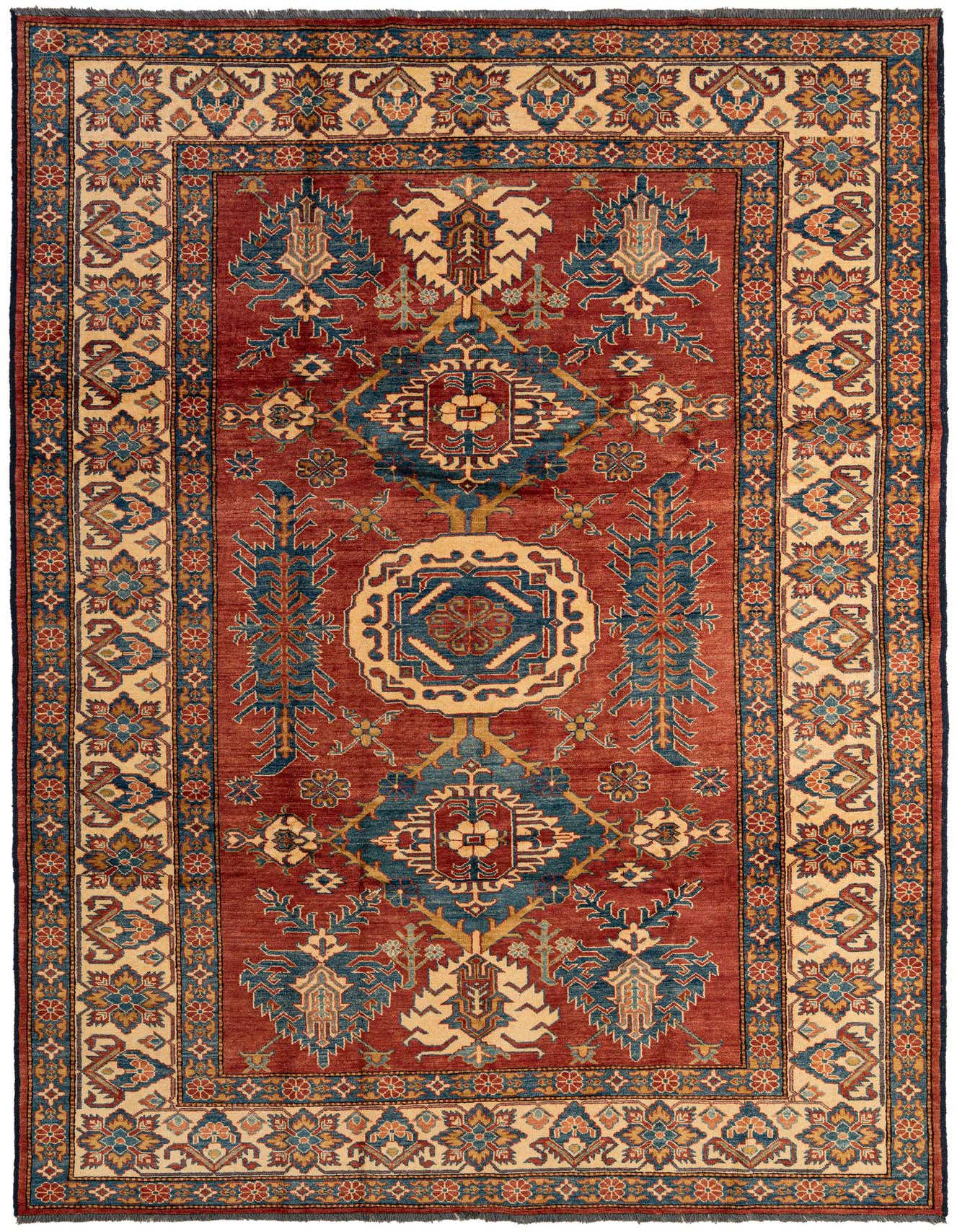 A 7x10 rectangular Rugs.com Kazak rug with a red field, intricate blue and gold geometric patterns, and a detailed cream border.