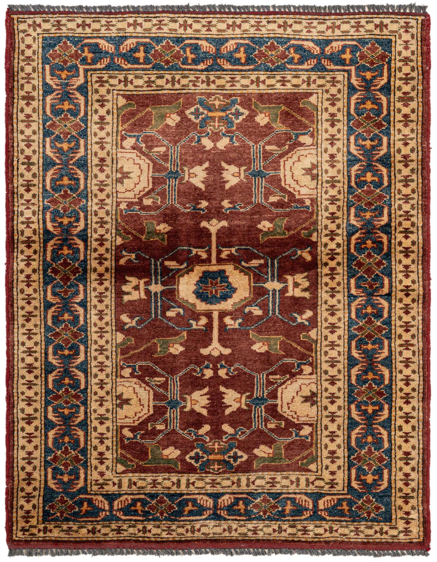 A 3x4 rectangular Rugs.com Kazak rug featuring a rich red field with intricate orange, blue, and beige oriental patterns and a detailed border.