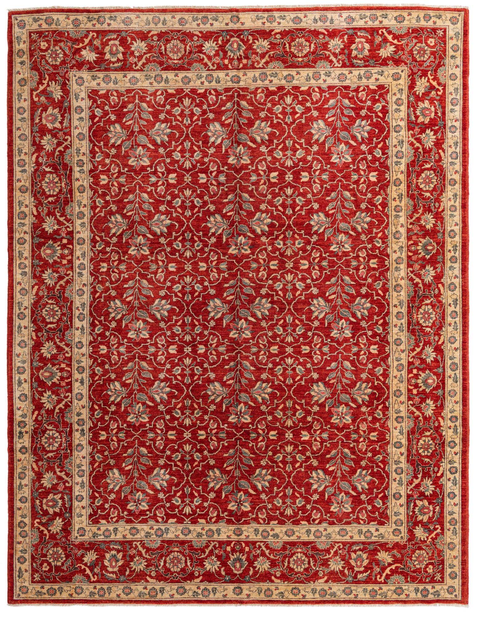 A 10x13 rectangular traditional Kazak rug featuring a rich red field with intricate orange and blue floral patterns, framed by a detailed beige border.