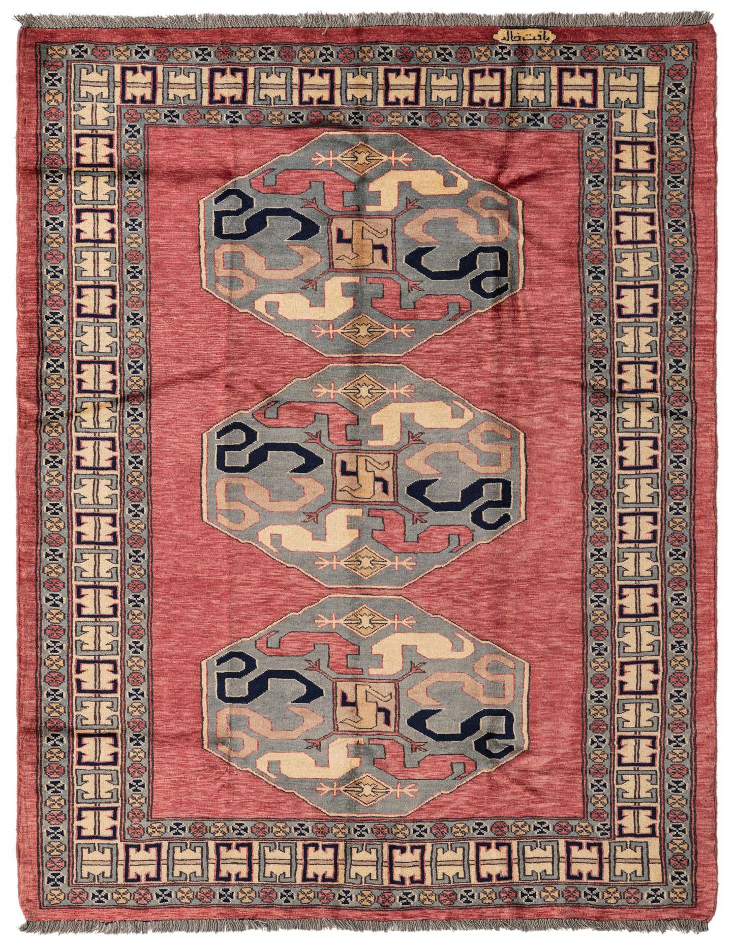 A 4x6 rectangular Kazak rug with a red field and three large, grey-blue octagonal medallions featuring abstract and geometric patterns in orange, cream, and dark blue, framed by an intricate border.