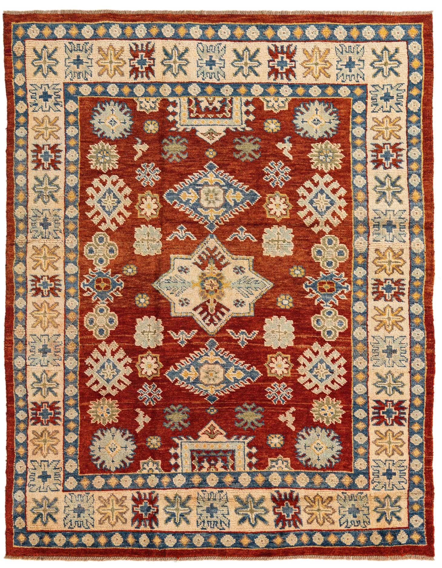 A 5x8 rectangular Kazak rug with a traditional Oriental pattern in shades of orange, red, blue, and cream.