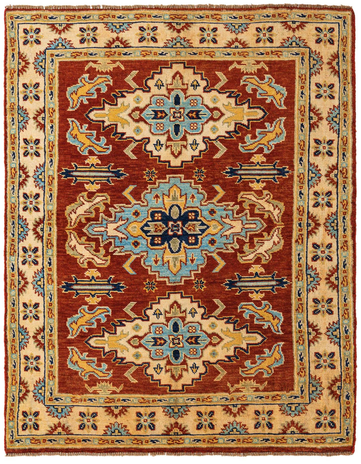 A 5x8 rectangular Kazak rug in oranges and reds with a traditional medallion pattern and cream border.