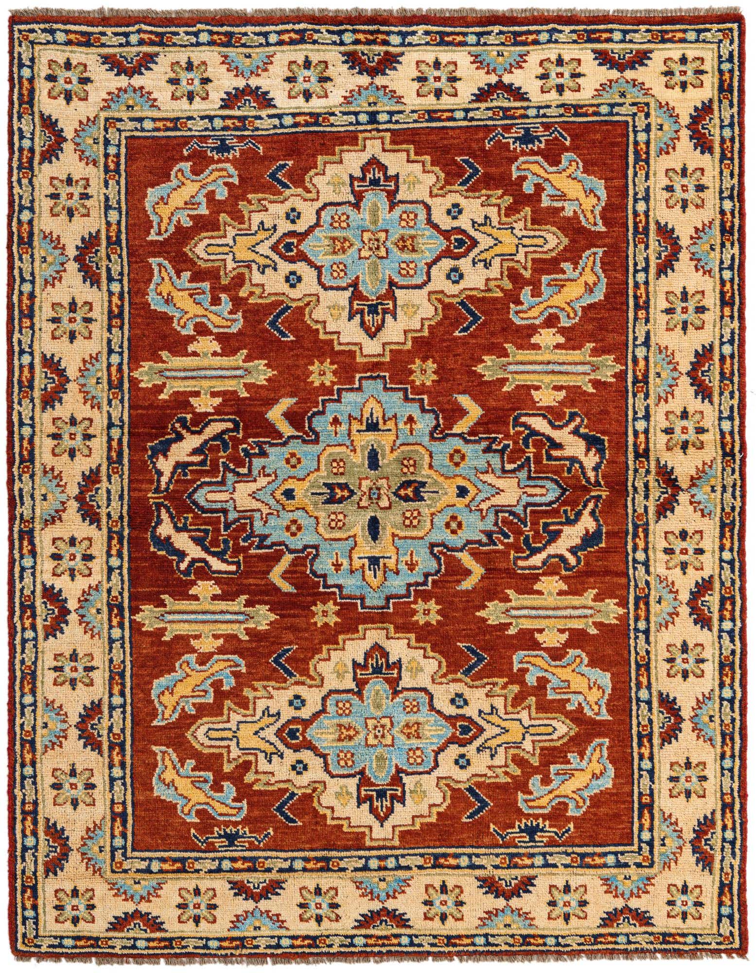 A 5x8 rectangular orange and red traditional wool rug with a central medallion and intricate border.
