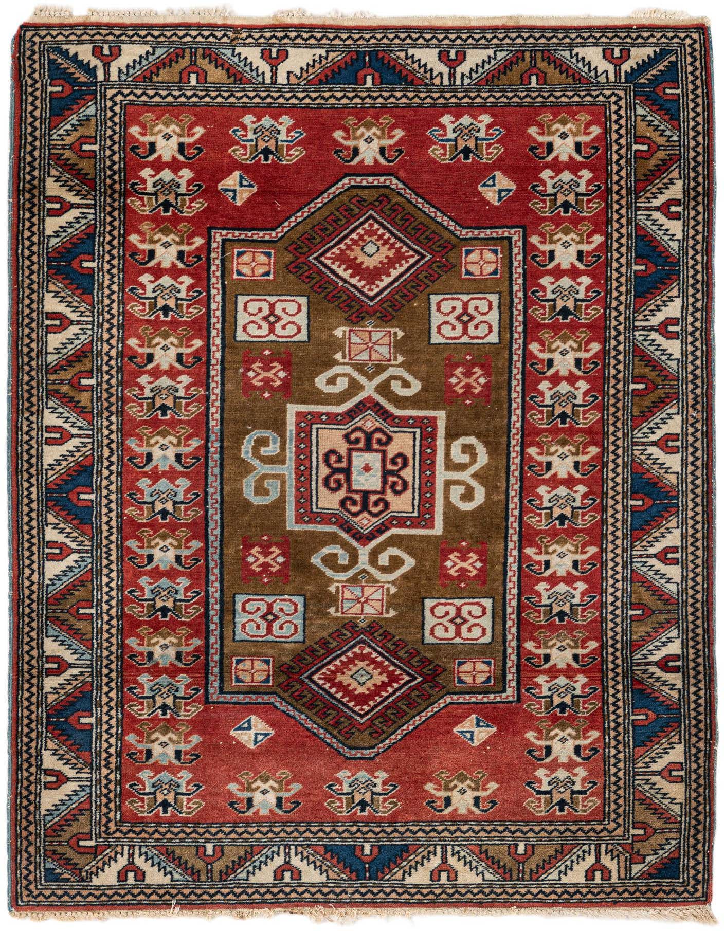 A 3x4 rectangular orange and red Oriental rug with a detailed geometric pattern and thin pile.