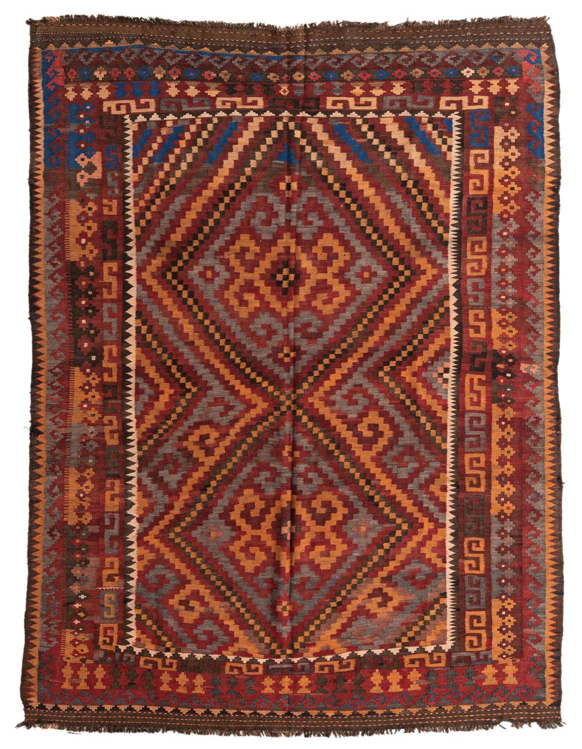 A 7x10 rectangular Kilim Fars rug with a tribal Persian pattern in oranges, reds, blues, and grays, suitable for a living room.
