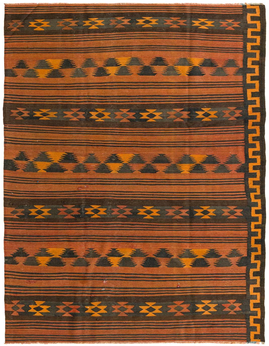 A 5x8 rectangular Kilim Fars rug with horizontal stripes in various shades of orange and red, featuring tribal geometric patterns and a dark border.