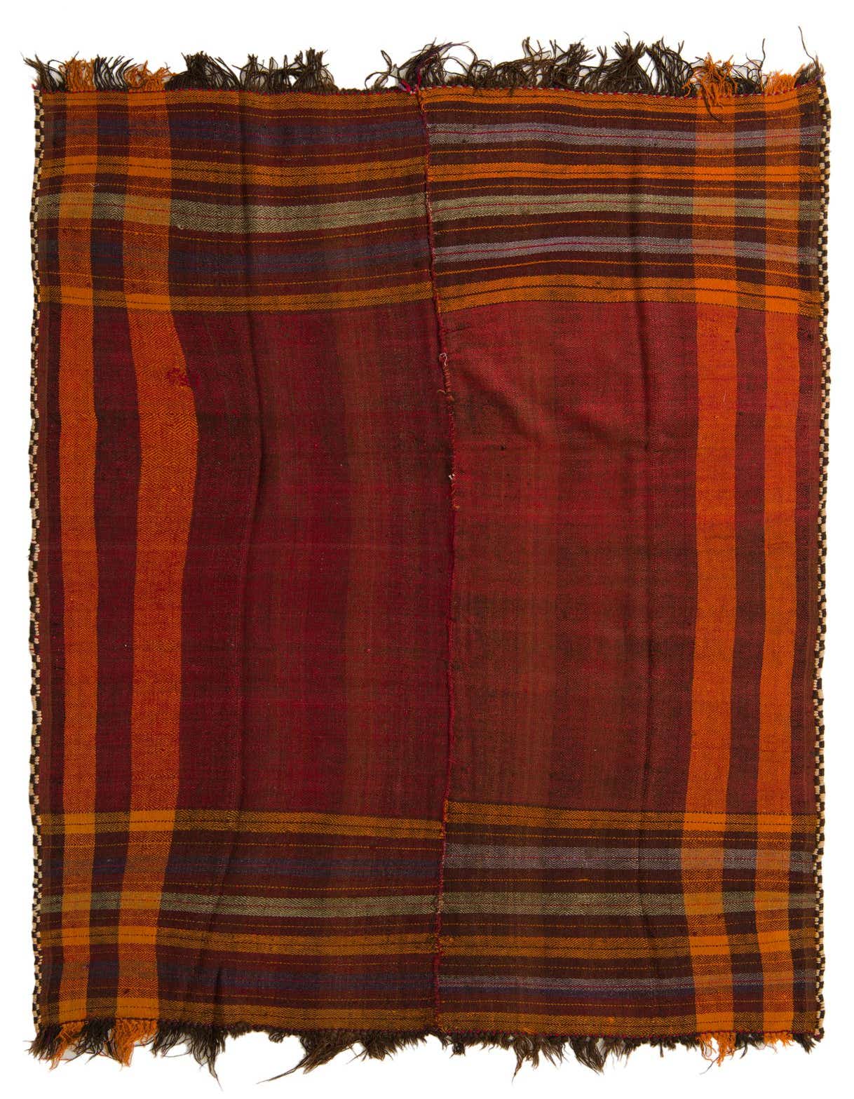 A 5x8 rectangular Kilim Fars rug with a tribal, abstract pattern in shades of orange, red, and brown.