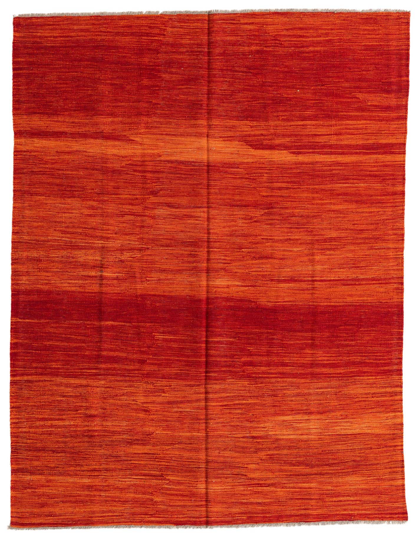 A 5x8 rectangular Kilim Modern wool rug with horizontal stripes in varying shades of orange and red.