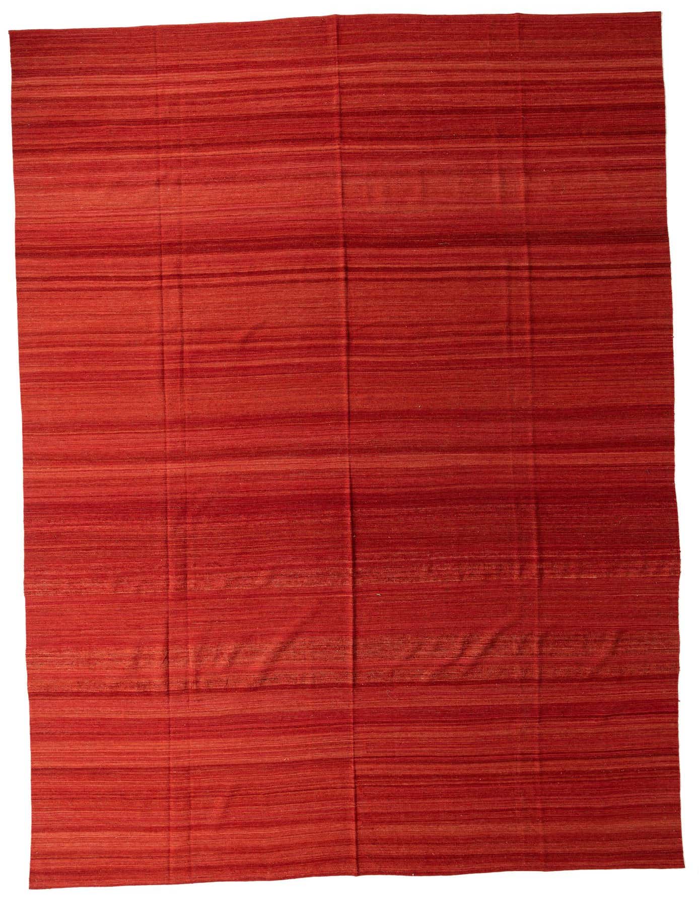 A large 13x18 rectangular Kilim Modern rug with horizontal stripes in varying shades of orange and red, showcasing its flatweave texture.