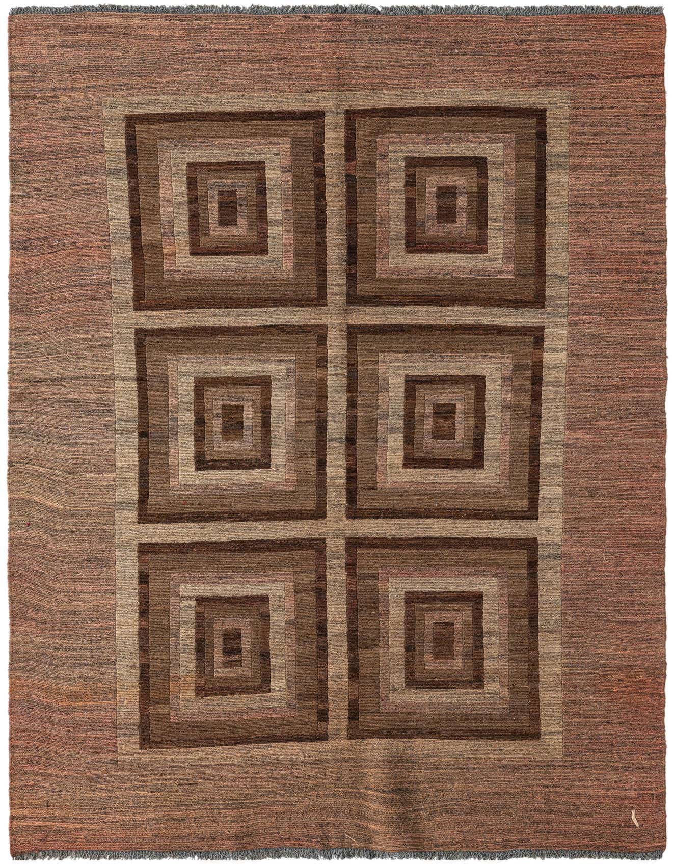 A 4x6 rectangular Kilim Modern wool rug featuring a tribal geometric pattern of concentric squares in shades of orange and brown.