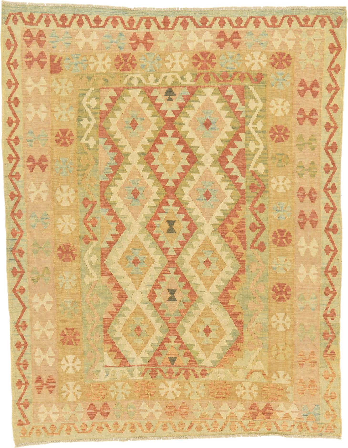 A 5x7 rectangular Kilim Waziri rug featuring a Southwestern tribal pattern in oranges, reds, and muted blues on a cream background.