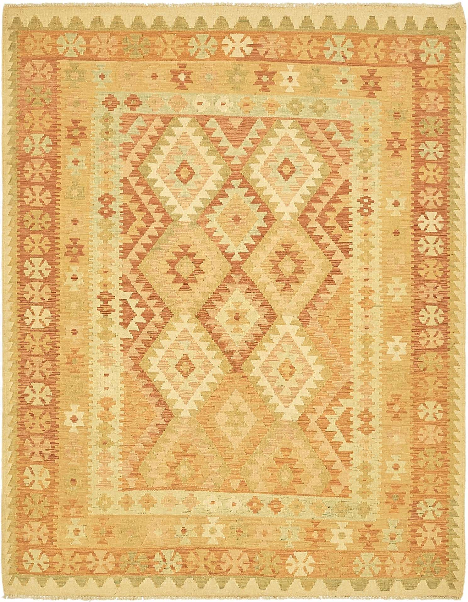 A 5x7 rectangular Kilim Waziri rug featuring traditional tribal patterns in shades of orange, red, and cream.