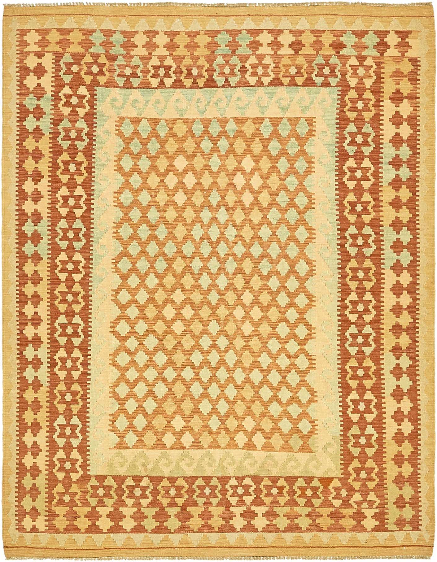 A 4x6 rectangular Kilim Waziri rug featuring traditional tribal patterns in shades of orange, red, and light green.
